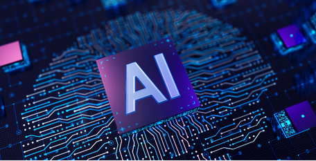 Układ scalony z napisem „AI” symbolizujący sztuczną inteligencję i przetwarzanie danych.