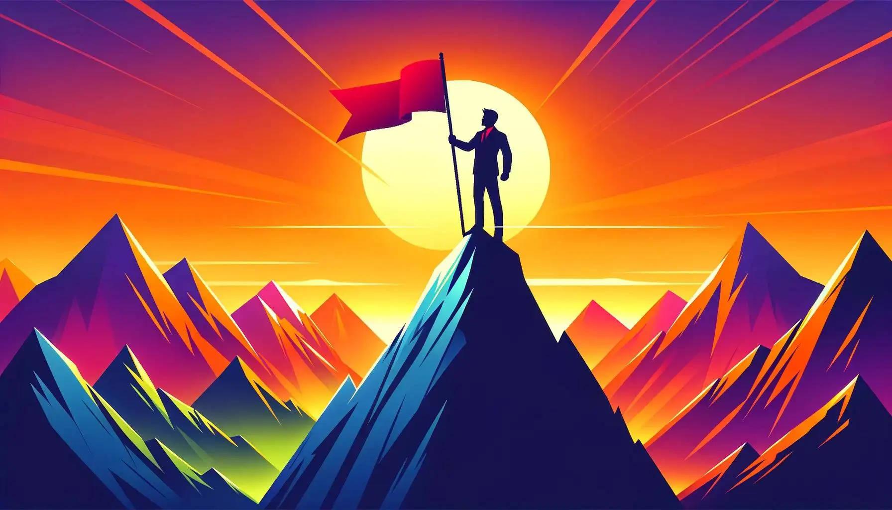 Ilustracja człowieka stojącego na szczycie góry z flagą