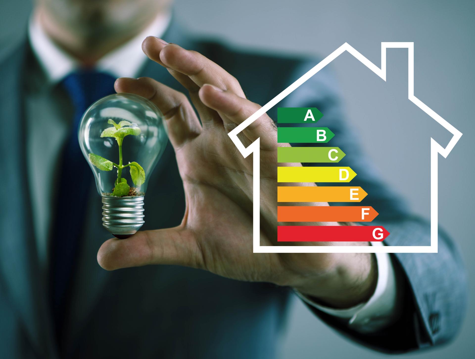 Ilustracja przedstawiająca stopnie efektywności energetycznej, w tle mężczyzna trzymający żarówkę z rośliną w środku